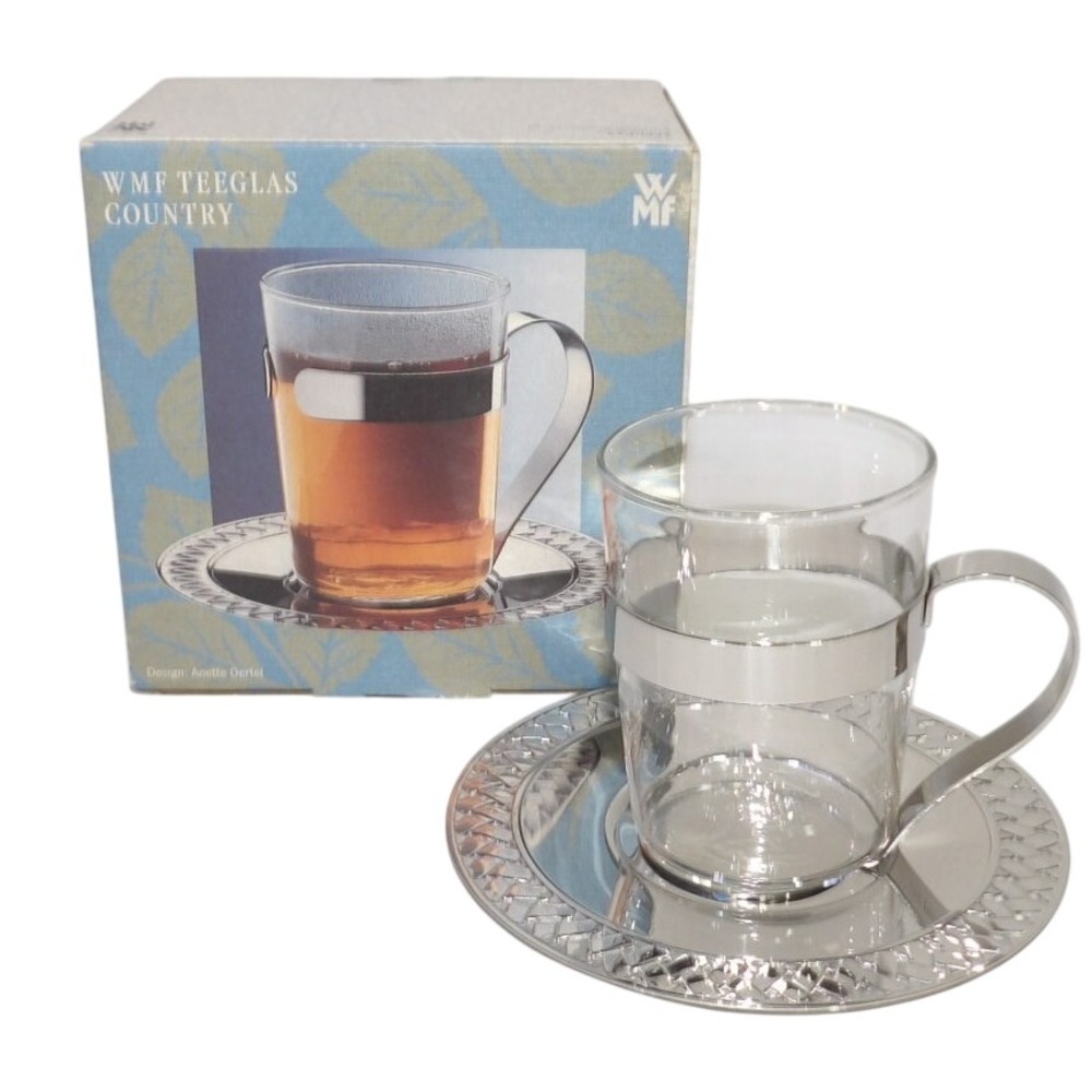WMF Teeglas Country Tea Cup Saucer Set German Glass Stainless Steel Silver MIB